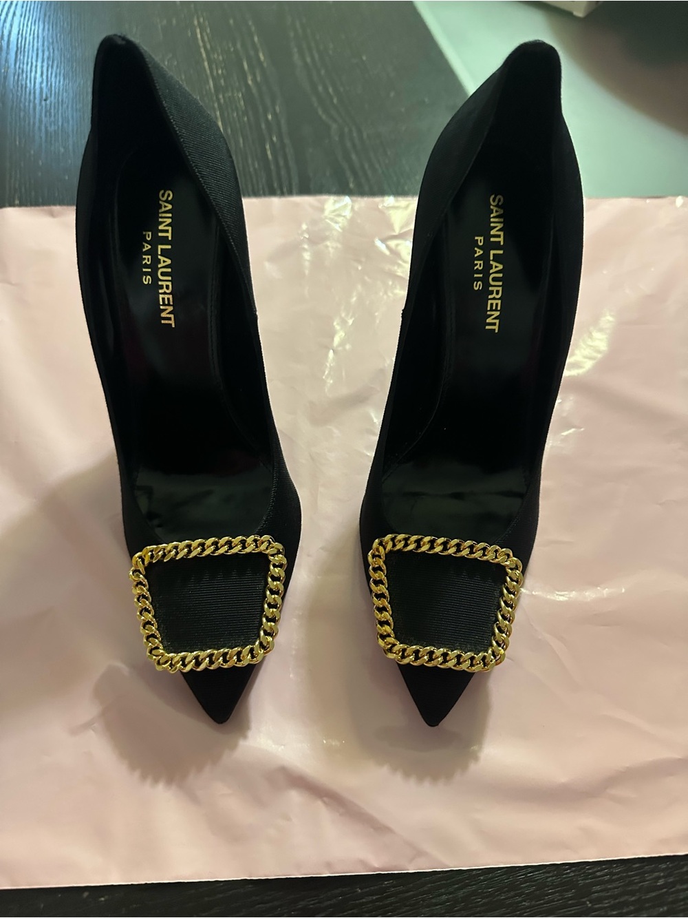 Saint Laurent Black Pointed Pumps with Gold Chain Square Buckle - Picture 2 of 4